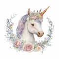 Magical Watercolor Unicorn With Floral Crown