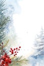 Magical watercolor winter scenery in Christmas tree forest with red rowan fruits. Seasonal background. Berry, pine branches