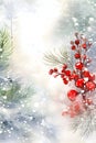 Magical watercolor winter scenery in Christmas tree forest with red rowan fruits. Seasonal background. Berry, pine branches