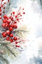 Magical watercolor winter scenery in Christmas tree forest with red rowan fruits. Seasonal background. Berry, pine branches