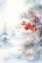 Magical watercolor winter scenery in Christmas tree forest with red rowan fruits. Seasonal background. Berry, pine branches