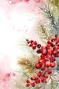 Magical watercolor winter scenery in Christmas tree forest with red rowan fruits. Seasonal background. Berry, pine branches