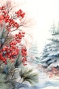 Magical watercolor winter scenery in Christmas tree forest with red rowan fruits. Seasonal background. Berry, pine branches