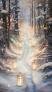 Magical Watercolor World: Christmas Lights Turn into Floating Lanterns Guiding Through Snowy Paths AI Generated