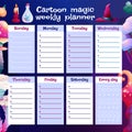 Magical Weekly Task Planner. School Schedule on Week for Class, Lesson. Ready to print with CopySpace. Glow Colorful