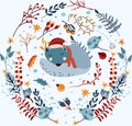 Magical winter, background with a cute sleeping wolf in a wreath, winter berries, bright flowers, colored garland