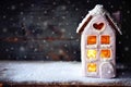 Magical winter christmas picture. Gingerbread house with snow.