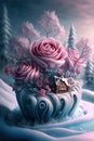 A Magical Winter dreamy. Concept painting about Love, romance and Valentines Day. Fairytale, Soft Cotton Candy style. Ai generated
