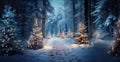 A magical winter forest with multiple Christmas trees decorated with lights, against a backdrop of snow covered trees and a snowy