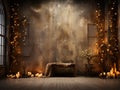 Magical winter holiday background, Christmas apartment decor on a dark background