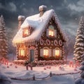 Magical winter holiday gingerbread house in cotton candy and powdered sugar, christmas background Royalty Free Stock Photo