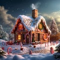 Magical winter holiday gingerbread house in cotton candy and powdered sugar, christmas background Royalty Free Stock Photo