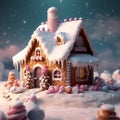 Magical winter holiday gingerbread house in cotton candy and powdered sugar, christmas background Royalty Free Stock Photo