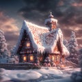 Magical winter holiday gingerbread house in cotton candy and powdered sugar, christmas background Royalty Free Stock Photo