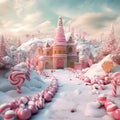 Magical winter holiday town made of candy and sweets, Christmas fairytale castle