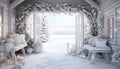 Magical winter wonderland cottage adorned with charming christmas decorations and a delicate wreath