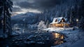 Magical winter wonderland scene, featuring a snow-covered forest with twinkling fairy lights, a cozy cabin in the distance, and Royalty Free Stock Photo