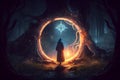 Magical witch making a magical portal in forest at night. The greater Portal showing a new world