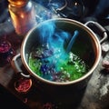 Magical witch workshop with blue and green liquid for Halloween. Top view on iron pot with fluid, smoke on dark table