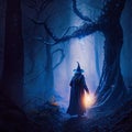 A magical wizard in a dark misty forest with dramatic phantasmal iridescent lighting, ai generated