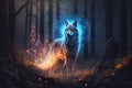 A magical wolf is in the forest. AI
