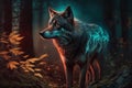 A magical wolf is in the forest. AI