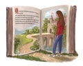 The magical world of books. A girl who walks into a fictional literary world. Big book with a portal Royalty Free Stock Photo