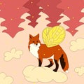 Magical world: under an upturned fir tree, a fox with butterfly wings runs through the clouds.