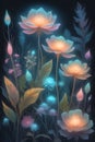 A magical wotld of wonders, glowy, bioluminescent flora, night scene, oil paint, handpainted, wallart, wallpaper, 8k