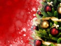 Magically decorated Christmas Tree with balls, ribbons and garlands on a blurred red shiny and fairy background