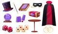 Magician accessories. Cartoon wizard items. Tools for magic tricks. Professional illusionist equipment. Magical show hat Royalty Free Stock Photo