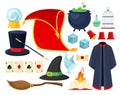 Magician accessories colorful flat vector illustrations set Royalty Free Stock Photo
