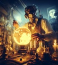 magician artisan god mechanic in lab check repair planet health as earth day concept illustration