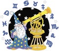 Magician astrologer with an old telescope