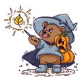 Magician bear in witch hat, raincoat and boots, hugs Halloween shocked pumpkin. The wizard casts spell with magic wand. Funny kid