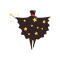 Magician in black mantle with stars and cylinder hat, back view Wizard with magic stick. Circus performance. Flat vector Royalty Free Stock Photo