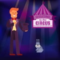 Magician in black suit performing trick with rabbit appearing from a magic top hat cartoon vector Illustration. Circus Royalty Free Stock Photo