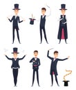 Magician. Circus showman actor male illusionist vector cartoon characters Royalty Free Stock Photo