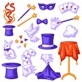 Magician collection with magic items. Illusionist show or performance icon set. Cartoon style illustration of tricks. Royalty Free Stock Photo