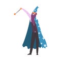 Magician Doing Tricks with Magic Wand, Smiling Bearded Wizard Character Wearing Cape with Stars and Cone Hat Performing