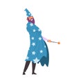 Magician Doing Tricks with Magic Wand, Wizard Character Wearing Cape with Stars and Cone Hat Performing at Magic Show