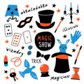 Magician equipment collection. Magic elements and symbols, illusionist tools for tricks. Funny doodle hand drawn illustration. Royalty Free Stock Photo