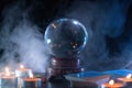 Magician or fortune teller is predicting future with crystal sphere.