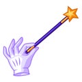 Magician hand with glove holding magic wand. Trick or magic illustration.