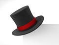 Magician hat. Black cylinder hat with a red ribbon on the corner of the frame sheet. isolated on white background. 3d