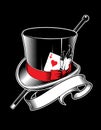 Magician hat with cane, ace of hearts and ribbon