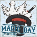 Magician Hat, Dove, Wand and Cards Tricks for Magic Day, Vector Illustration