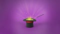Magician hat. Light rays from a black top hat with a red ribbon and a magic wand. Purple background. 3d render. Royalty Free Stock Photo