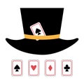 Magician hat with playing cards. Vector circus clipart. Wizard or juggler equipment icon. Cute funny festival clothes clip art.