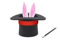 Magician hat. Rabbit ears stick out with a black top hat with a red ribbon and a magic wand. isolated on white Royalty Free Stock Photo